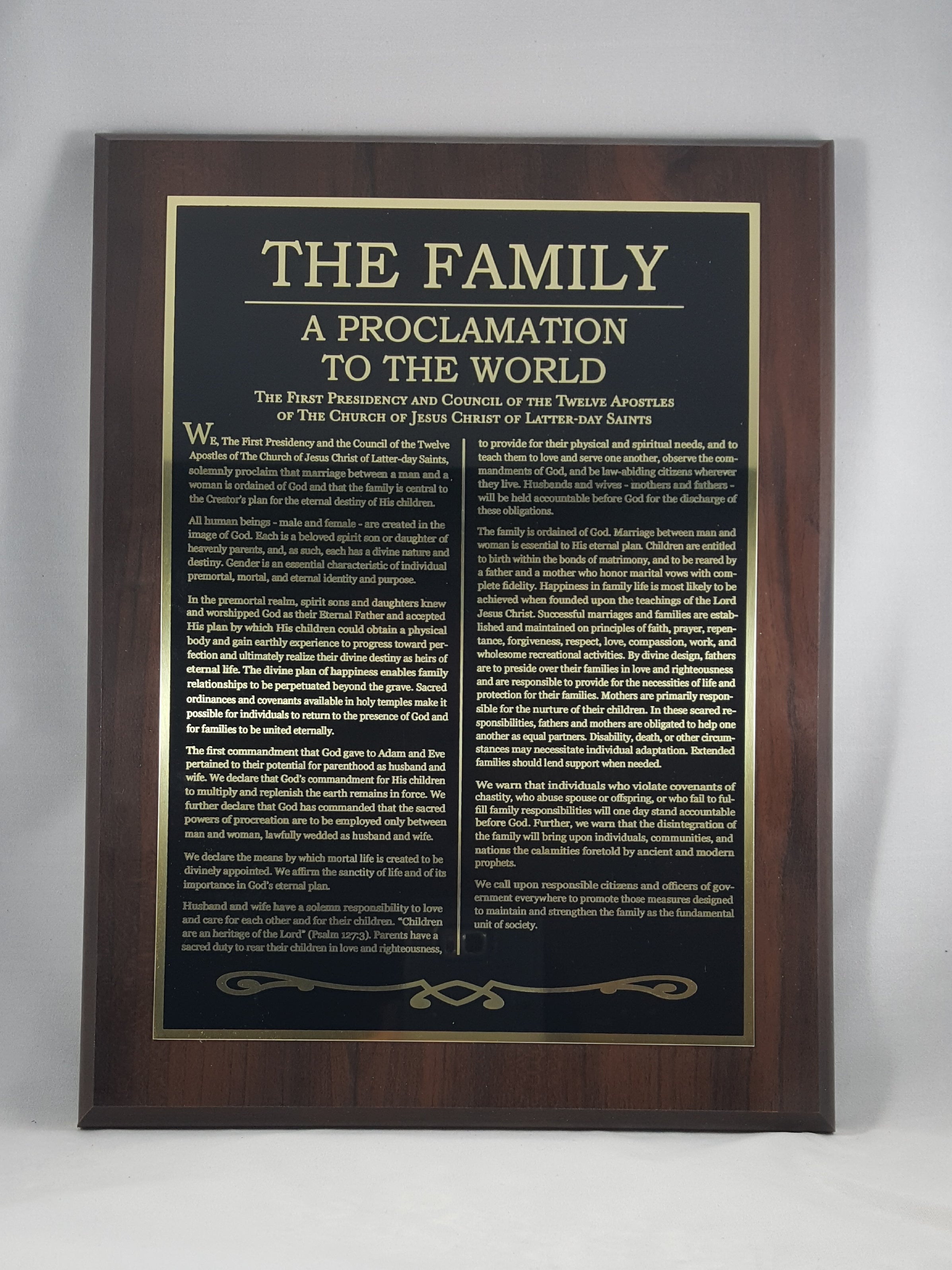 "The Family: A Proclamation to the World" gold etched plaque