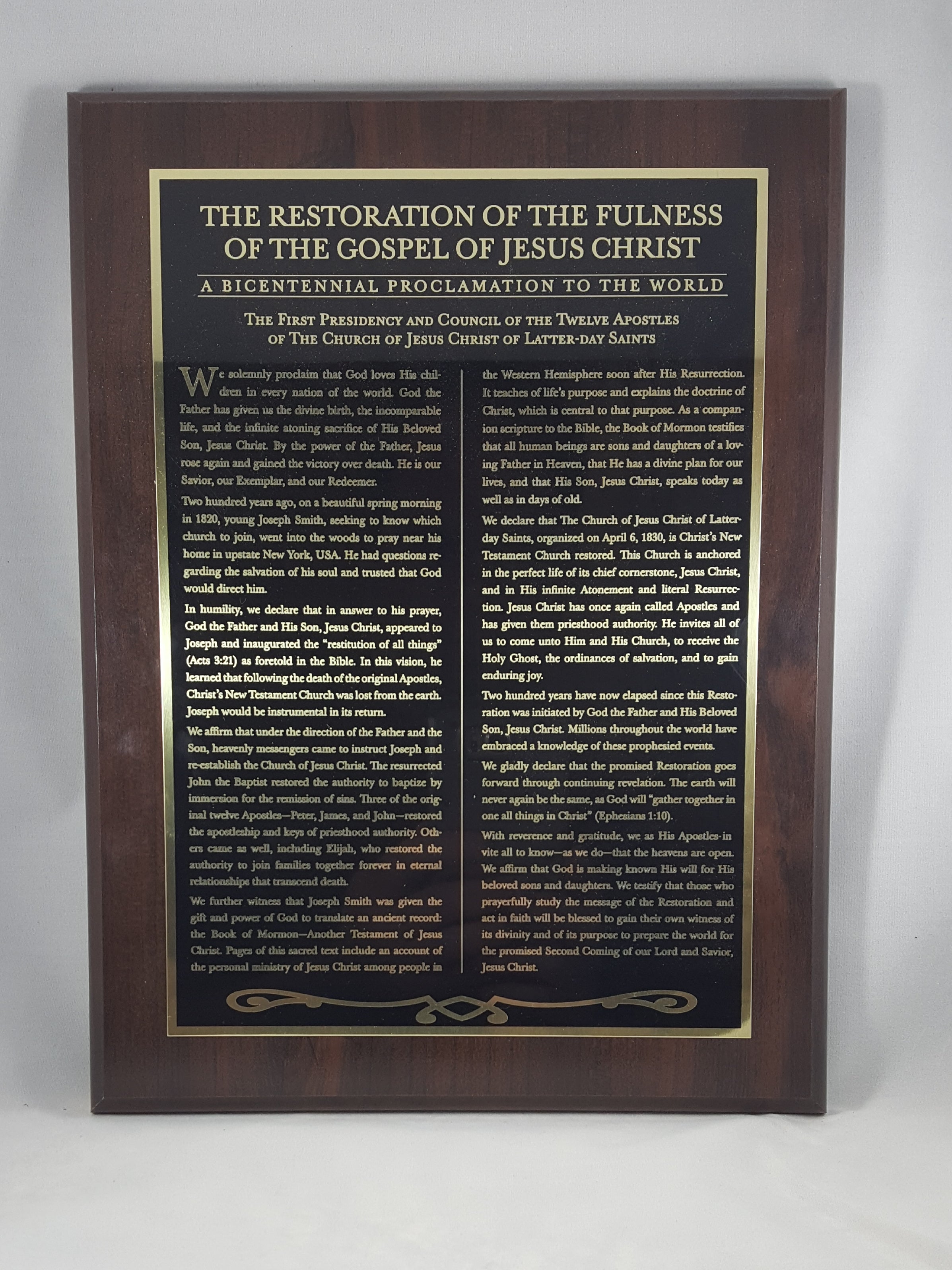 "Restoration of the Fulness of the Gospel" gold etched plaque
