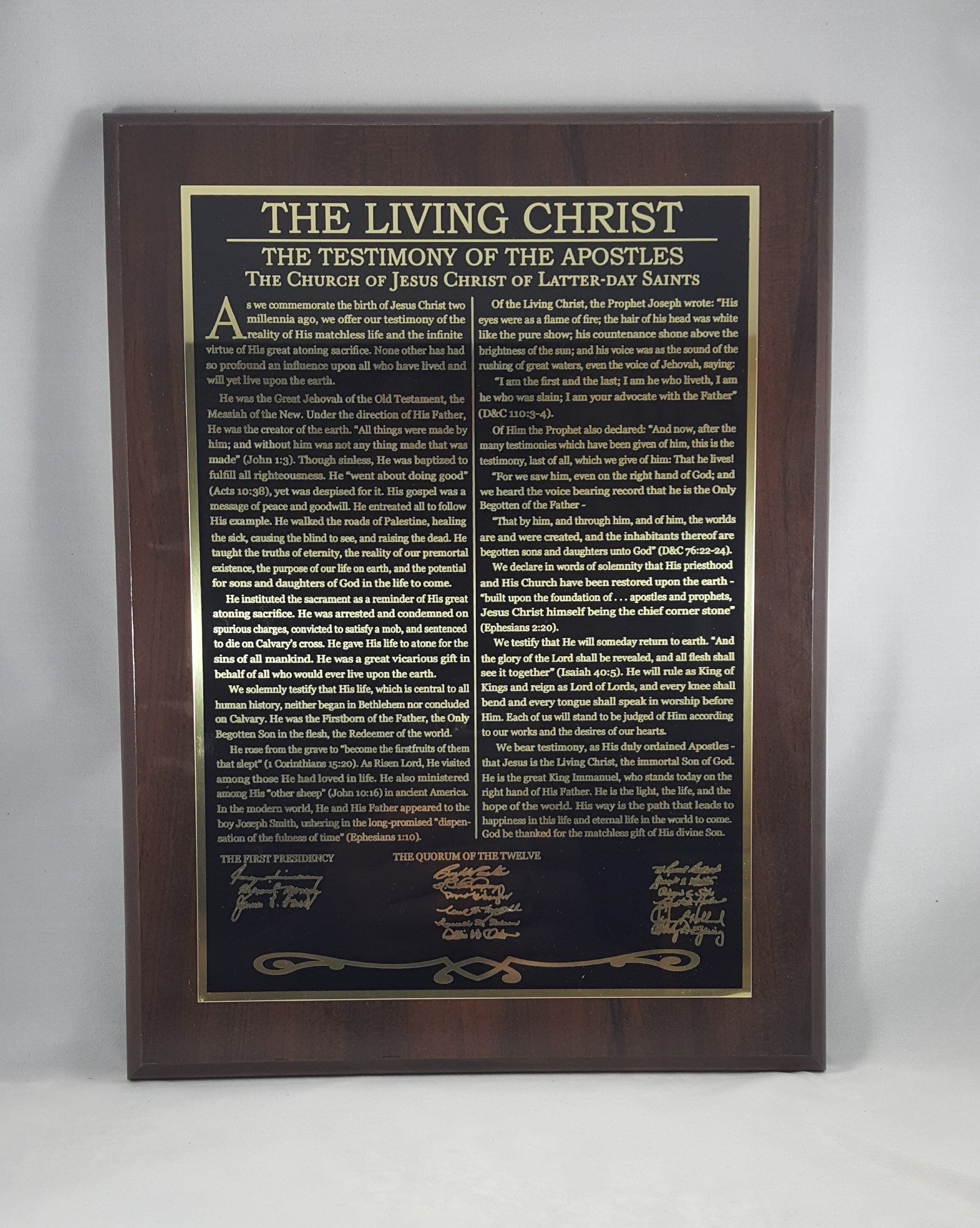 "The Living Christ" gold etched plaque