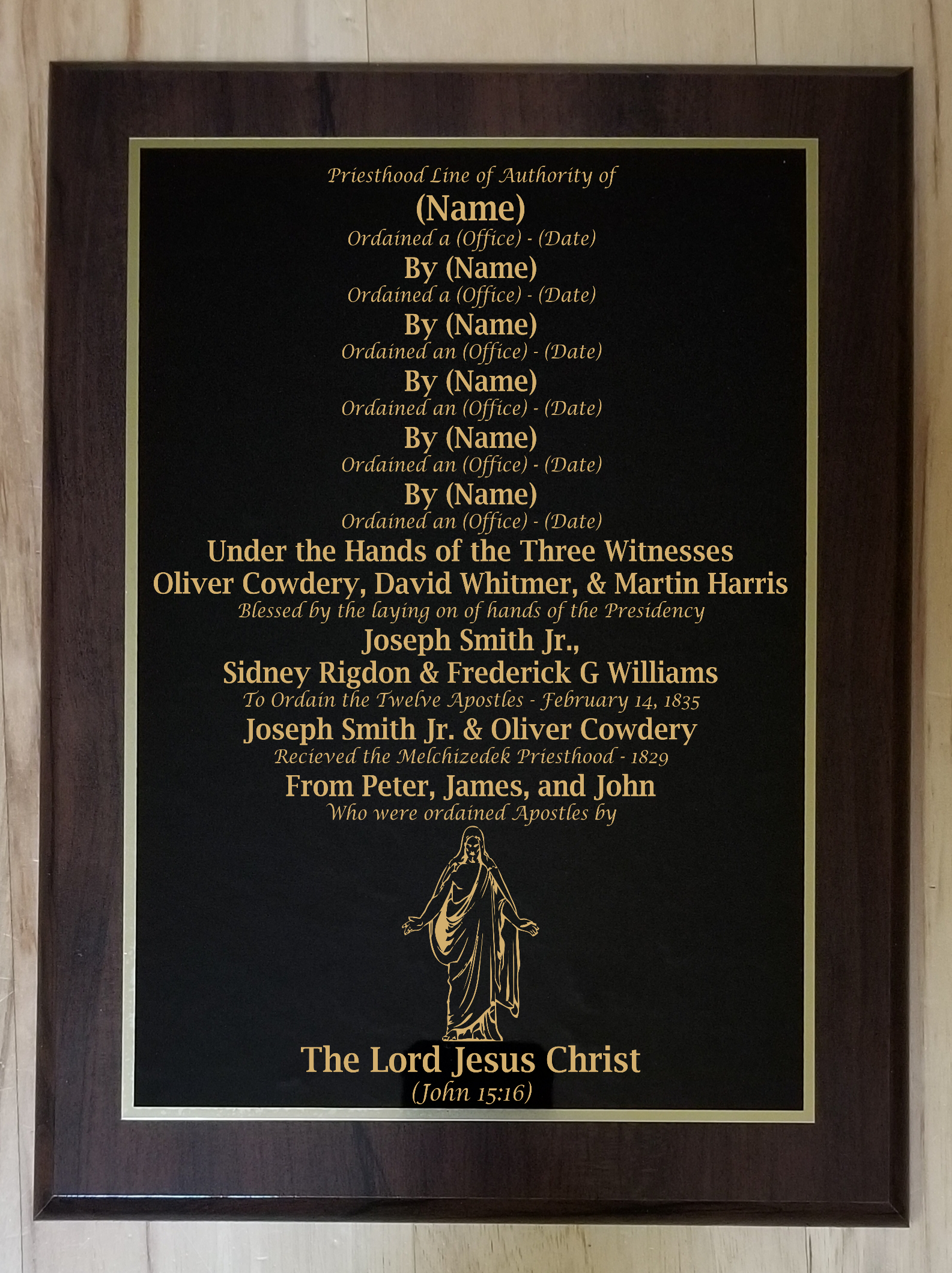 Gold Etched Priesthood Line of Authority plaque